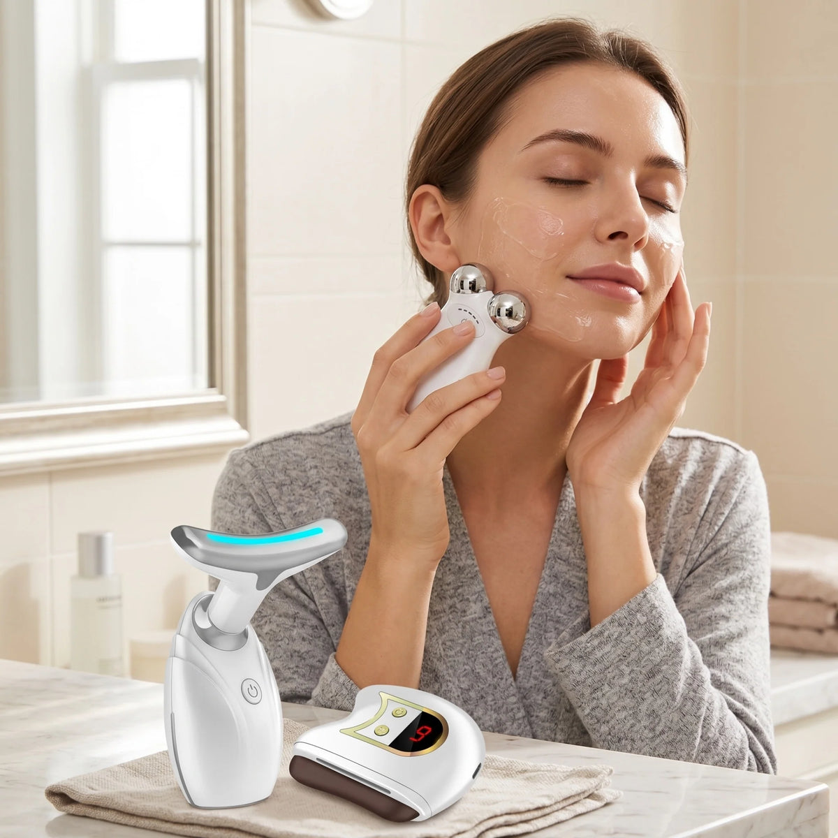 3-piece facial toolkit with LED wand, heated gua sha and microcurrent massager, view 11
