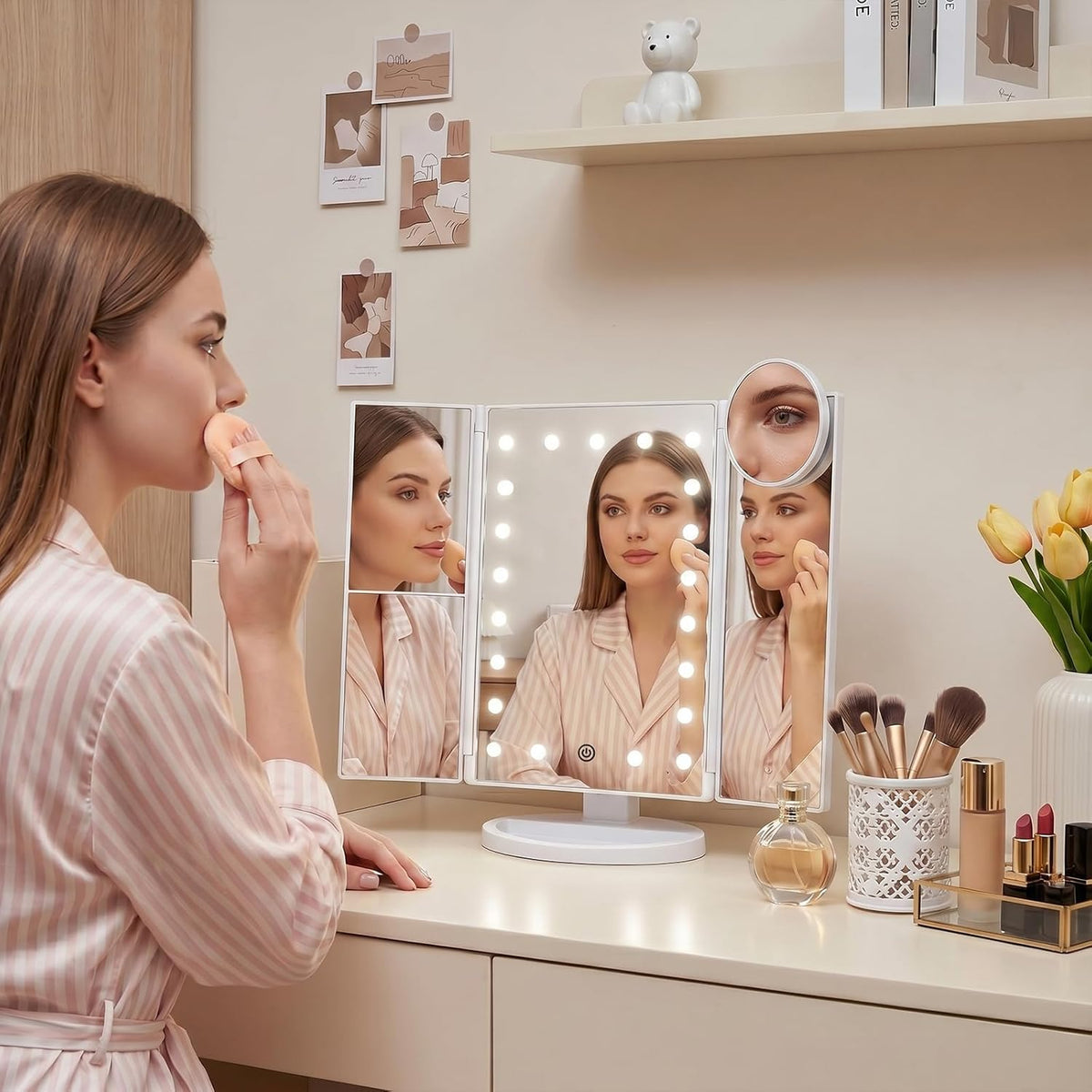 Makeup Mirror, Vanity Mirror with Lights, 2X/3X/10X Magnification, Touch Control, Trifold, Dual Power Supply, Birthday Gifts for Women, Wife, Mom, Girls,Dorm Room Essentials
