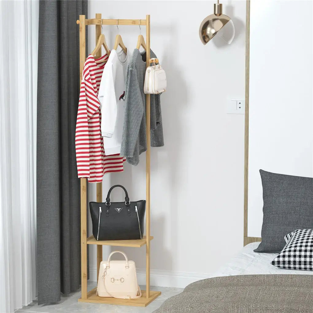 Bamboo garment rack with two-tier shelf, main view