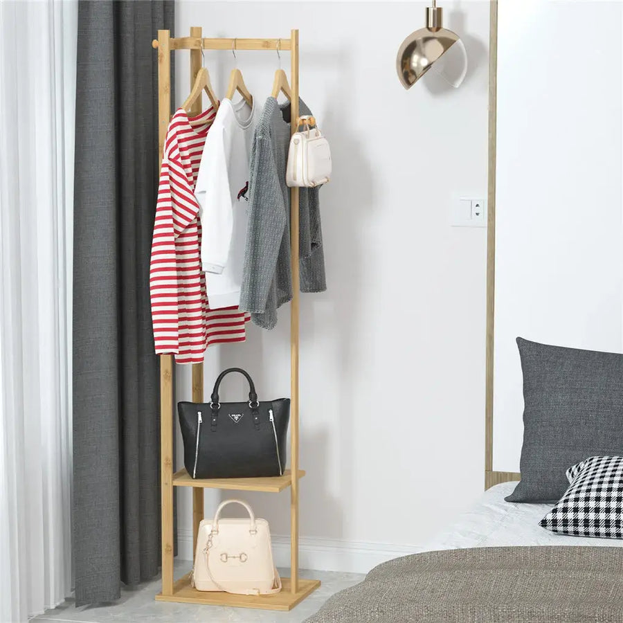 Bamboo garment rack with two-tier shelf, main view