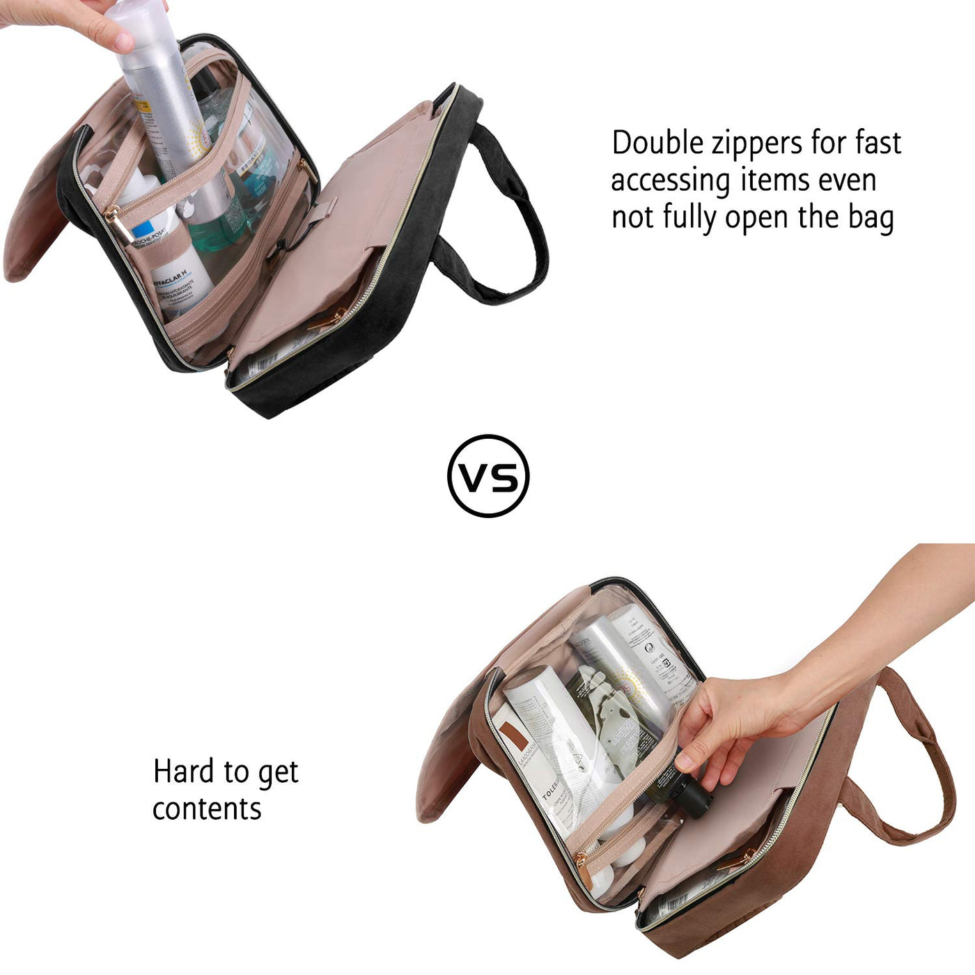 Toiletry Bag Travel Bag with Hanging Hook, Water-Resistant Makeup Cosmetic Bag Travel Organizer for Accessories, Shampoo, Full-Size Container, Toiletries (Black, Medium)